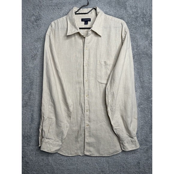 Lands End Shirt‎ Men XL 17/17.5 Beige  Linen Long Sleeve Button Up Casual - Picture 1 of 5